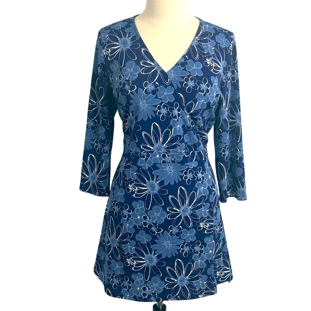 Liz Claiborne Women's 3/4 Sleeve Floral Print V-Neck Front Faux Wrap Dress, Blue